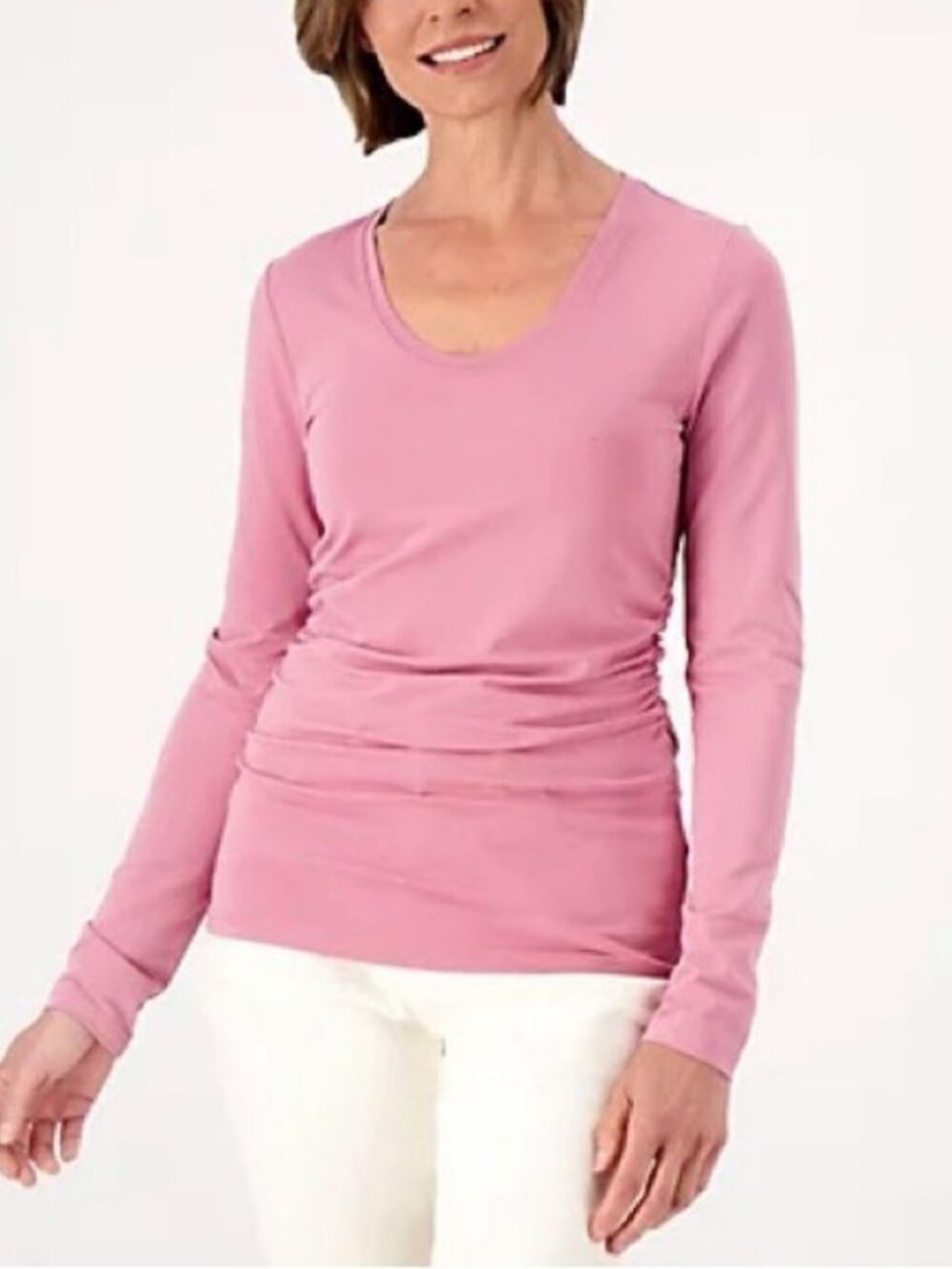 Encore by Idina Menzel Side Rouched U-Neck Tee with Long Sleeve